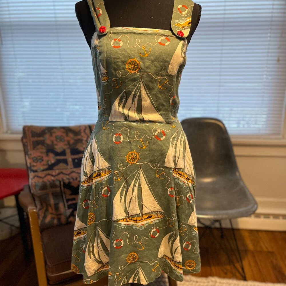 ralph lauren nautical aline linen green dress small - Picture 4 of 9